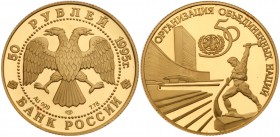 50 Roubles 1995. GOLD, .999. 7.78 gm. 50th Anniversary of the United Nations. 

Y 408. 5,000 pieces struck.

Gem brilliant PROOF