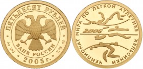 50 Roubles 2005. GOLD, .999. 7.78 gm. World Athletic Championship in Helsinki.

Y 907. 1,500 pieces struck.

Gem brilliant PROOF