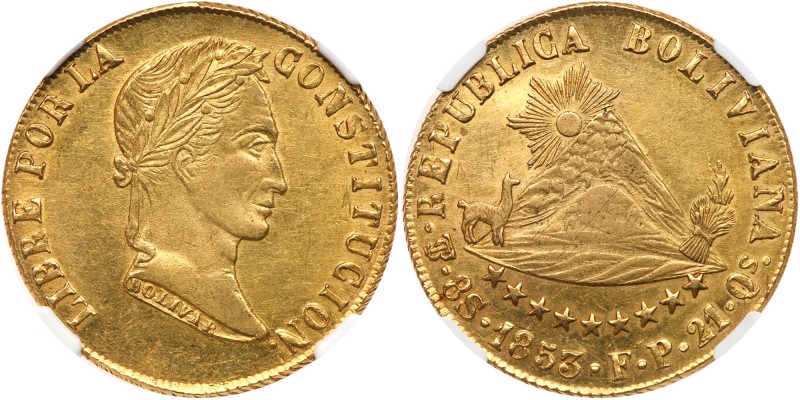Bolivia
Gold 8 Escudos, 1853 PTS-FP (Potosi). Laureate head of Bolivar right, n...