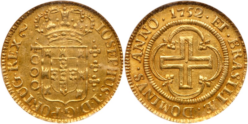 Brazil
Jose I (1750-1777). Gold 4000 Reis, 1752. Crowned arms, floral to right ...
