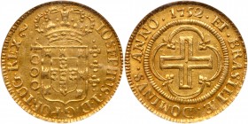 Brazil
Jose I (1750-1777). Gold 4000 Reis, 1752. Crowned arms, floral to right and value on left, Rev. Plain cross in quadrilobe, weight 0.2379 ounce...