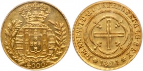 Brazil
Joao VI (1818-1822). Gold 4000 Reis, 1821 1 over O. Rio mint. Small cross in quadrilobe, Rev. Crowned arms within wreath (Fr 99; KM 327.1). Lo...