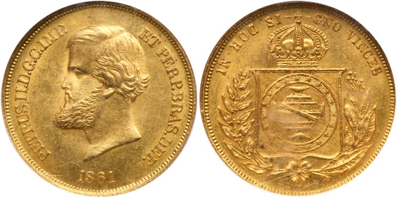 Brazil
Pedro II (1831-1889). Gold 10000 Reis, 1861. Bearded older head left, Re...