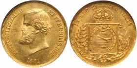 Brazil
Pedro II (1831-1889). Gold 10000 Reis, 1861. Bearded older head left, Rev. Crowned Imperial arms, weight 0.2643 ounce (Fr 122; KM 467). In NGC...