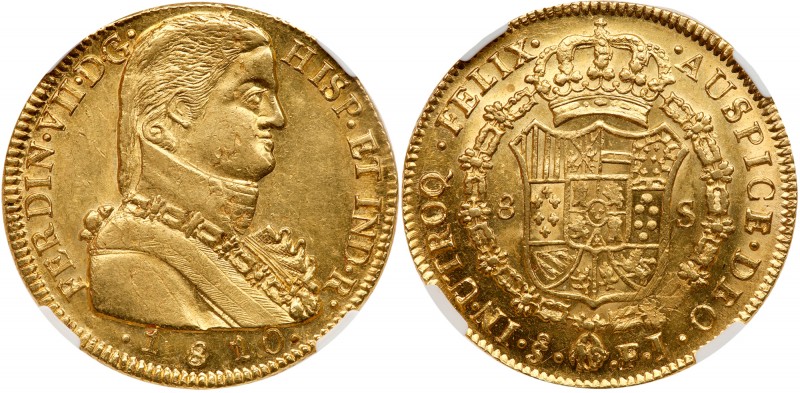 Chile
Fernando VII (1808-1821). Gold 8 Escudos, 1810-So FJ. Santiago mint. Loca...