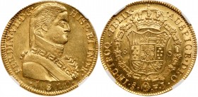 Chile
Fernando VII (1808-1821). Gold 8 Escudos, 1810-So FJ. Santiago mint. Local "imaginary" uniformed bust to right, date at bottom. Rev. Crowned Ha...
