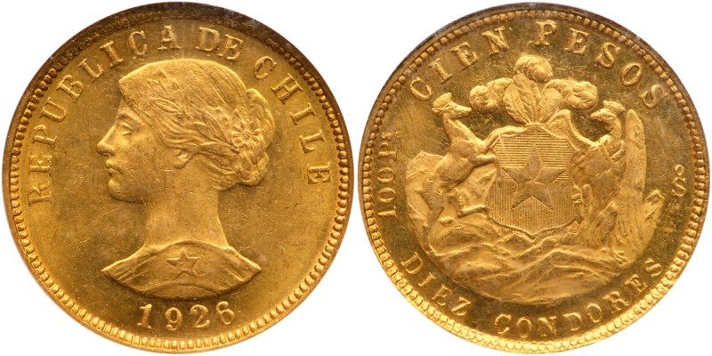 Chile
Republic. Gold 100 Pesos, 1926-So. Santiago mint. Liberty head left, Rev....