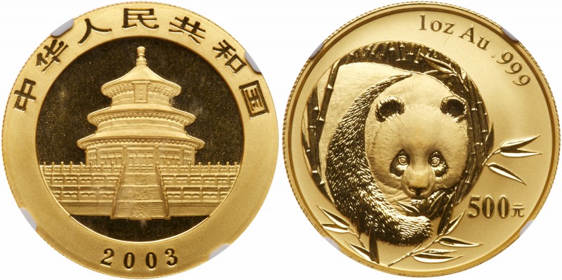 China
People's Republic. Gold 500 Yuan, 2003. One Ounce. Panda series (KM 1474)...