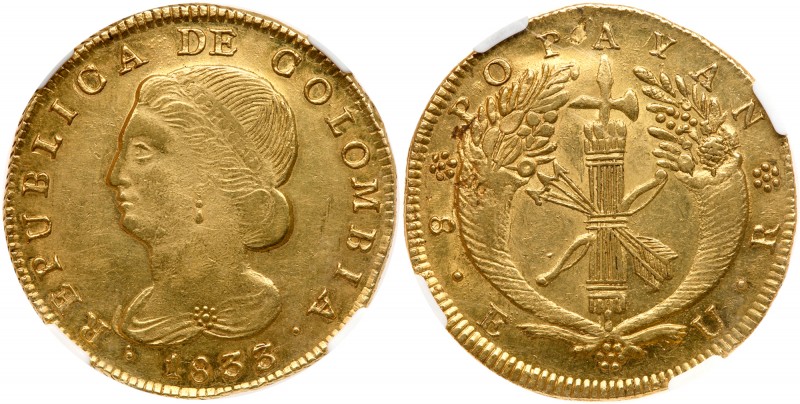 Colombia
Republic of Colombia (1821-1837). Gold 8 Escudos, 1833 3 over 2-UR. Po...