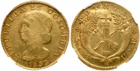 Colombia
Republic of Colombia (1821-1837). Gold 8 Escudos, 1833 3 over 2-UR. Popayan mint. Liberty head left, with brooch and earring. Rev. Crossed b...