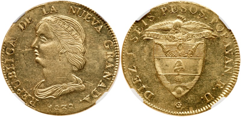 Colombia
Republic of Nueva Granada (1837-1859). Gold 16 Pesos, 1838-RU. Popayan...