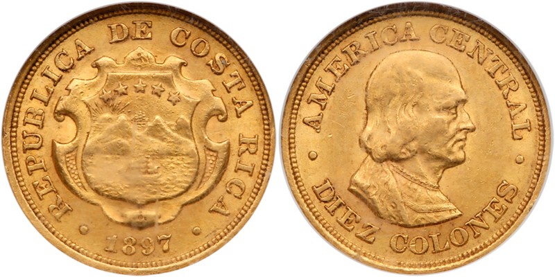 Costa Rica
Gold 10 Colones, 1897. National arms, Rev. Head of Columbus right, w...