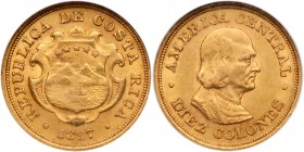 Costa Rica
Gold 10 Colones, 1897. National arms, Rev. Head of Columbus right, weight 0.2251 ounce. (Fr 20; KM 140). In NGC holder graded MS 63. Estim...