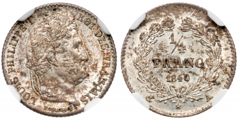 France
Louis Philippe I (1830-1848). Silver &frac14; Franc, 1840-A (KM 740.1). ...