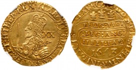 Great Britain
Charles I (1625-49), Gold Unite of Twenty Shillings, Oxford Mint, 1643. Crowned armoured half-length figure of King left, holding uprig...