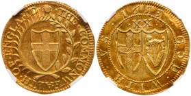 Great Britain
Commonwealth (1649-60), Gold Unite of twenty shillings, 1653. English shield within laurel and palm branch, legends in English language...