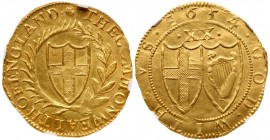 Great Britain
Commonwealth (1649-60), Gold Unite of twenty shillings, 1654. Date with 4 struck over 3, English shield within laurel and palm branch, ...