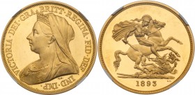 Great Britain
Victoria (1837-1901), Gold Proof Five Pounds, 1893. Crowned veiled bust left, T.B. initials below truncation for engraver Thomas Brock,...