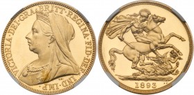 Great Britain
Victoria (1837-1901), Gold Proof Two-Pounds, 1893. Crowned, veiled bust left, T.B. initials below truncation for engraver Thomas Brock,...
