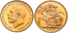 Great Britain
George V (1910-36), Gold Proof Sovereign, 1911. Bare head left, with raised BM for Bertram Mackennal on truncation, legend and toothed ...