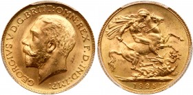 Great Britain
George V (1910-36), Gold Sovereign, 1925. London mint, bare head left, with raised BM for Bertram Mackennal on truncation, legend and t...