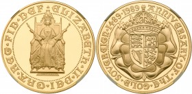 Great Britain
Elizabeth II (1952 -), Gold proof Five-Pounds 1989. For the 500th Anniversary of the Sovereign, Queen enthroned facing, seated in King ...