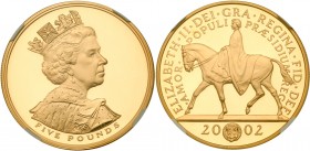 Great Britain
Elizabeth II (1952 -), Gold proof Crown of Five Pounds, 2002. Struck in 22 carat gold, to commemorate the Golden Jubilee of Her Majesty...