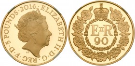 Great Britain
Elizabeth II (1952 -), Gold proof Crown of Five Pounds, 2016. Struck in 22 carat gold, for the 90th Birthday of Her Majesty the Queen, ...