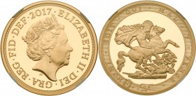 Great Britain
Elizabeth II (1952 -), Gold proof Five-Pounds, 2017. Crowned head right, JC initials below for designer Jody Clark, Latin legend and to...