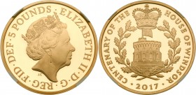 Great Britain
Elizabeth II (1952 -), Gold proof Crown of Five Pounds, 2017. Struck to celebrate the 100th Anniversary of the House of Windsor, in 22 ...