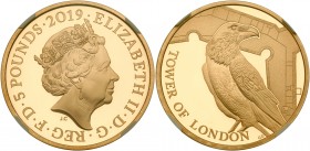 Great Britain
Elizabeth II (1952 -), Gold proof Crown of Five Pounds, 2019. In the Tower of London Series, Legends of the Ravens, crowned head right,...