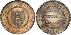 Guernsey (Great Britain)
Bank of Guernsey, Bishop, de Jersey and Co., Silver bank token for Five Shillings, 1809. Struck by the Soho Mint entirely ov...