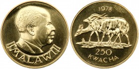 Malawi
Gold 250 Kwacha, 1978. Conservation series. Bust of Dr. Hastings Kamuzu Banda, Rev. Male and female Nyala, weight 0.9675 ounce. Mintage 566. I...