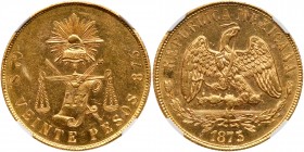 Mexico
Gold 20 Pesos, 1873 3 over 1-Go S. Guanajuato Mint. Cap within rays above balance scales, mint, assayer and value below, Rev. Facing eagle wit...