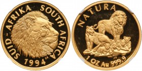 South Africa
Natura Coinage. Gold Ounce, 1994. Lion's head right. Rev. Family of lions, weight 1 ounce 999,9 below (KM-192). In NGC holder graded Pro...