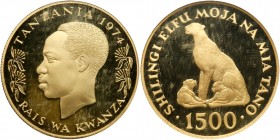 Tanzania
Gold 1500 Shilingi, 1974. Conservation series. Bust of President Nyerere left, Rev. Cheetahs, weight 0.9675 ounce. Proof mintage of only 866...