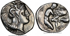 CALABRIA. Tarentum. Ca. 380-280 BC. AR diobol (12mm, 1.20 gm, 4h). NGC XF 4/5 - 4/5. Ca. 325-280 BC. Head of Athena right, wearing crested Attic helme...