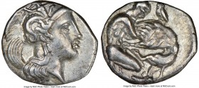 CALABRIA. Tarentum. Ca. 380-280 BC. AR diobol (12mm, 7h). NGC XF. Ca. 325-280 BC. Head of Athena right, wearing crested Attic helmet decorated with fi...
