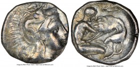 CALABRIA. Tarentum. Ca. 380-280 BC. AR diobol (12mm, 5h). NGC Choice VF. Ca. 325-280 BC. Head of Athena right, wearing crested Attic helmet decorated ...