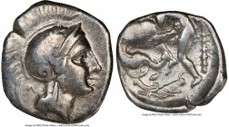 CALABRIA. Tarentum. Ca. 380-280 BC. AR diobol (12mm, 8h). NGC VF. Ca. 325-280 BC. Head of Athena right, wearing laureate crested Attic helmet / Hercul...