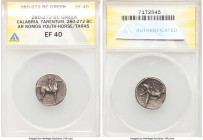 CALABRIA. Tarentum. Ca. 280-272 BC. AR stater or didrachm (19mm, 3h). ANACS XF 40. Philocra-, Kn- and Aristo-, magistrates. Nude jockey on horse stand...