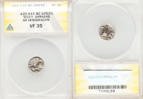 SICILY. Acragas. Ca. 420-410 BC. AR hemidrachm (14mm, 4h). ANACS VF 35. Eagle flying right, clutching hare in talons / A-K, crab seen from above; keto...