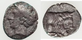 SICILY. Panormus (Sys or Ziz). Ca. 4th century BC. AR litra (10mm, 0.55 gm, 9h). VF. Horned head of male river god left / SYS (Punic), forepart of a m...