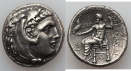 MACEDONIAN KINGDOM. Alexander III the Great (336-323 BC). AR tetradrachm (27mm, 16.81 gm, 12h). XF, porosity. Posthumous issue of Miletus, ca. 323-319...