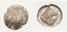 LESBOS. Uncertain mint. Ca. 450 BC. AR tetartemorion (6mm, 0.23 gm). XF, porosity. Two grains side-by-side, or two eyes, one above the other / Irregul...
