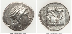 CARIAN ISLANDS. Rhodes. Ca. 188-170 BC. AR drachm (18mm, 2.59 gm, 12h). VF. Plinthophoric standard, Aristoboulos, magistrate. Radiate head of Helios r...