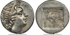 CARIAN ISLANDS. Rhodes. Ca. 88-84 BC. AR drachm (15mm, 12h). NGC Choice AU. Plinthophoric standard, Zenon, magistrate. Radiate head of Helios right / ...