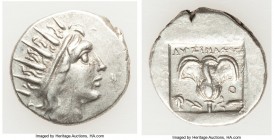 CARIAN ISLANDS. Rhodes. Ca. 88-84 BC. AR drachm (16mm, 2.48 gm, 12h). VF. Plinthophoric standard, Lysimachus, magistrate. Radiate head of Helios right...