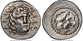CARIAN ISLANDS. Rhodes. Ca. 84-30 BC. AR drachm (19mm, 4.22 gm, 1h). NGC Choice AU 5/5 - 4/5. Radiate head of Helios facing, turned slightly right, ha...