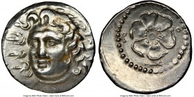 CARIAN ISLANDS. Rhodes. Ca. 84-30 BC. AR drachm (19mm, 7h). NGC AU, brushed. Radiate head of Helios facing, turned slightly left, hair parted in cente...